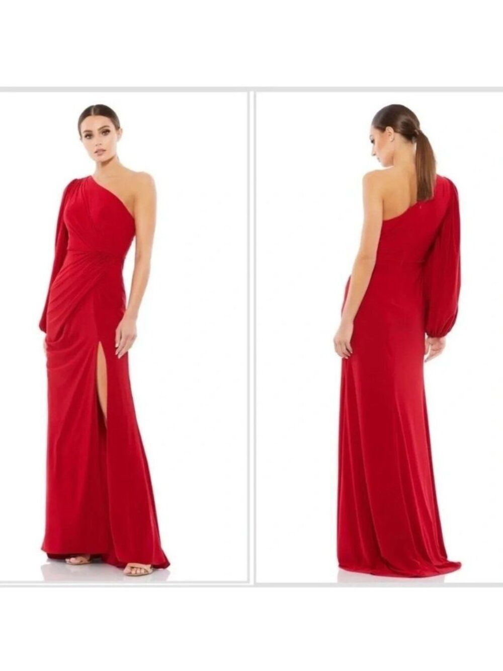 Mac Duggal One Shoulder Puff Sleeve Faux Wrap Dress Size 2